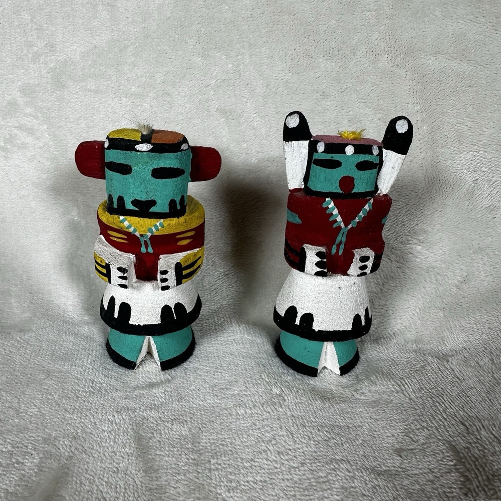 Vintage Pair of Route 66 Kachinas Hopi Navajo Mid 20th Century 4" Signed Pooley